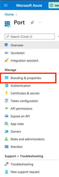 Azure navigation bar Branding and Properties