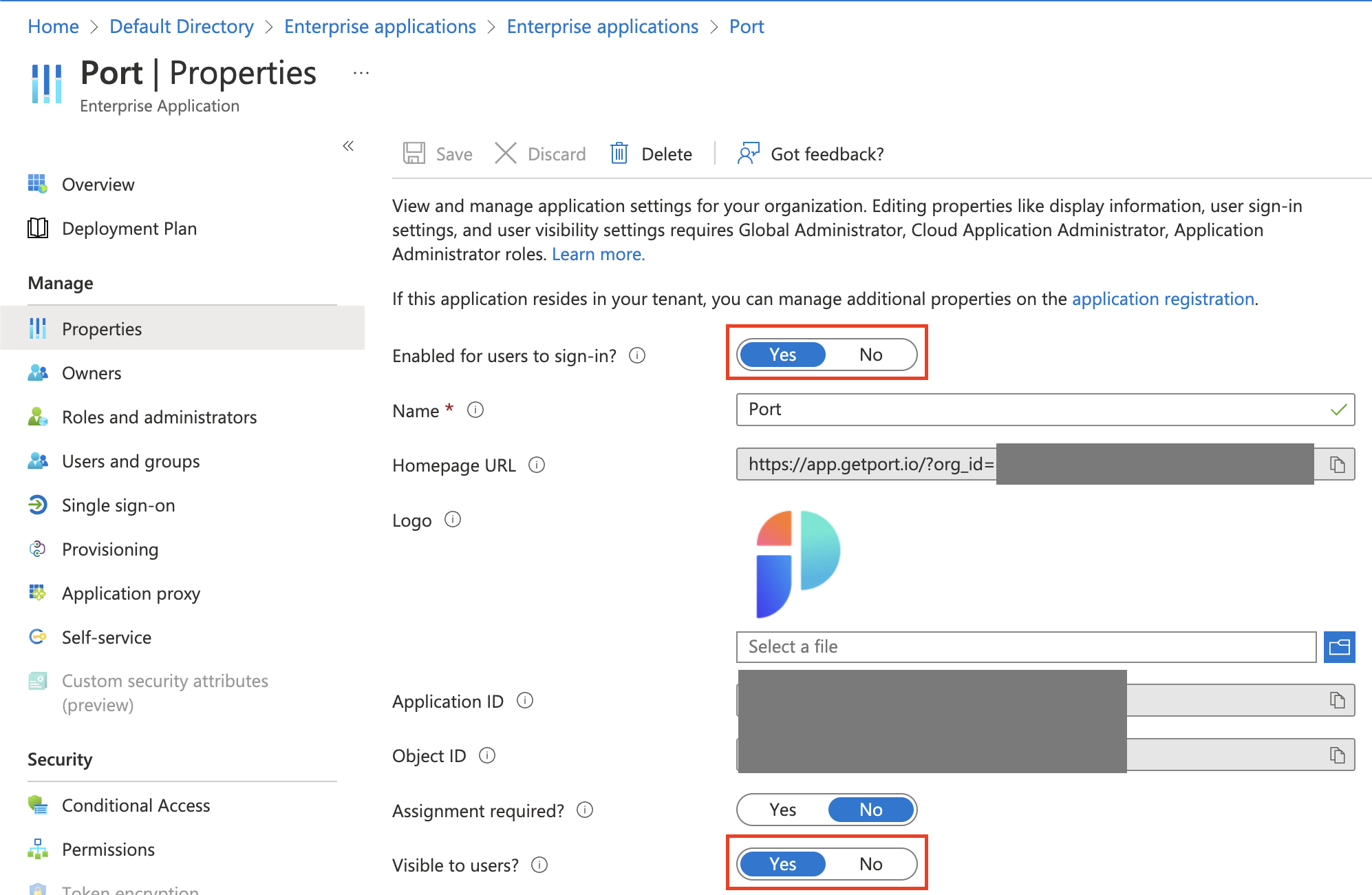 Azure application properties form